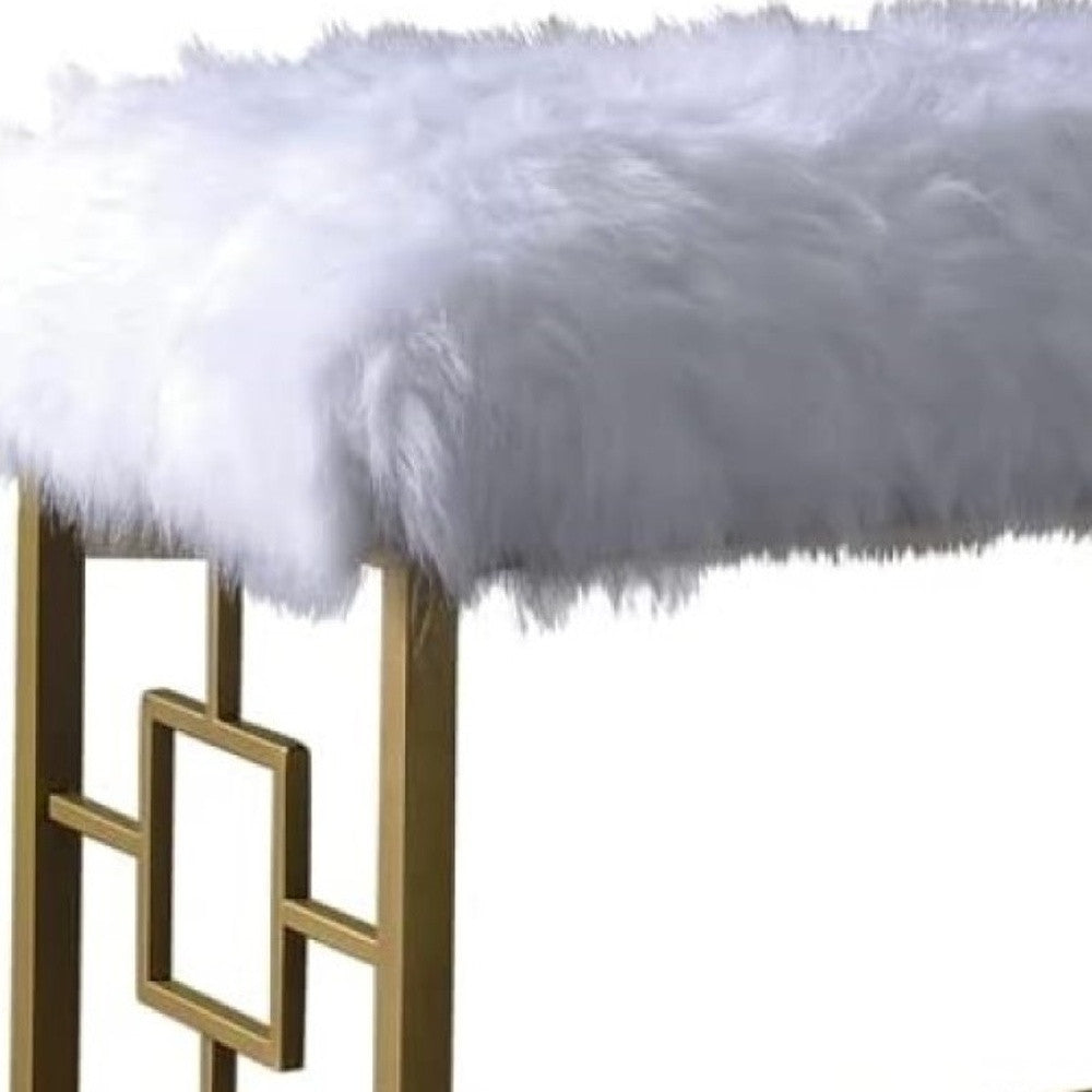 18" White and Gold Faux Fur And Metal Bench SpadezStore