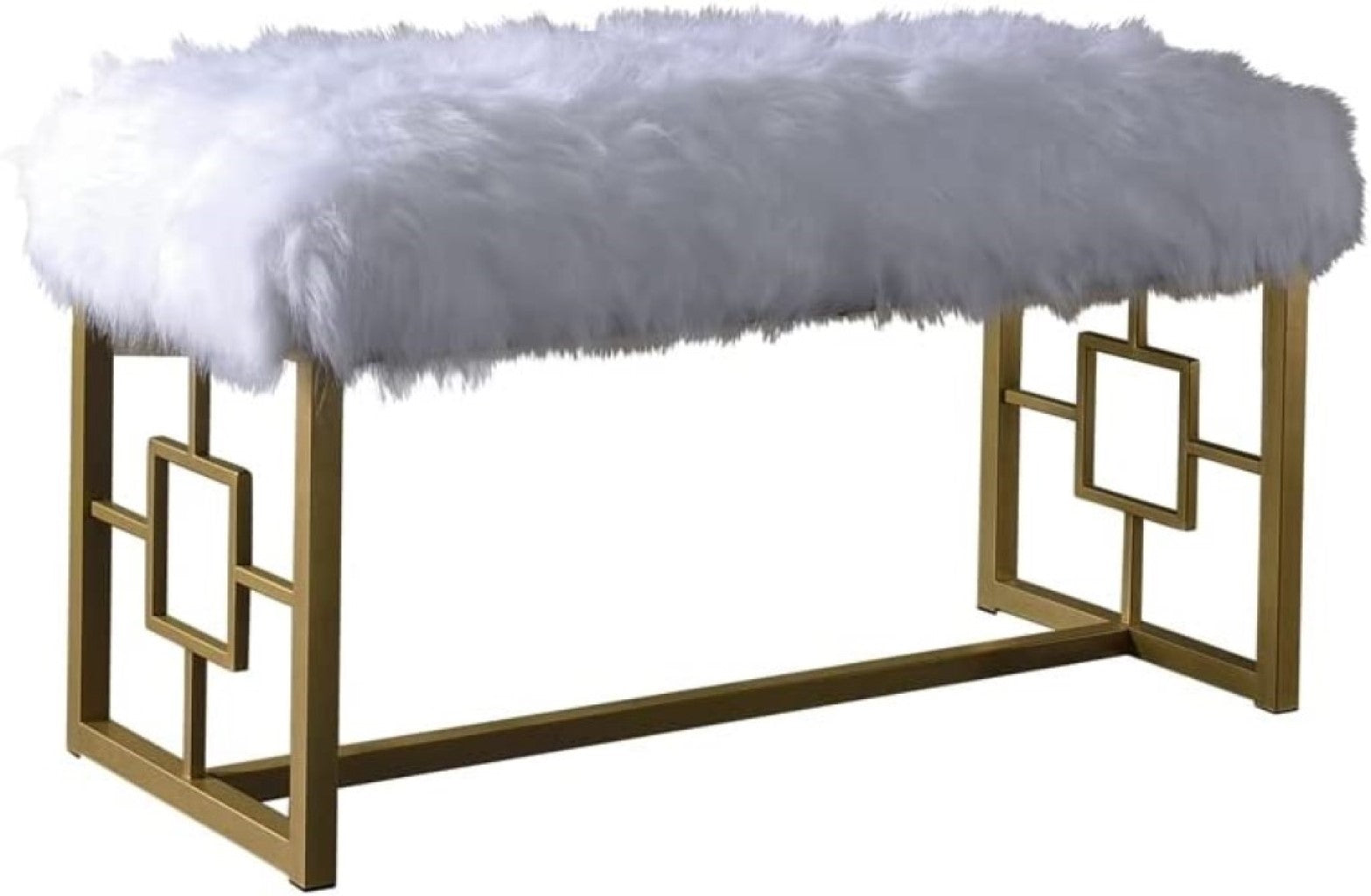 18" White and Gold Faux Fur And Metal Bench SpadezStore