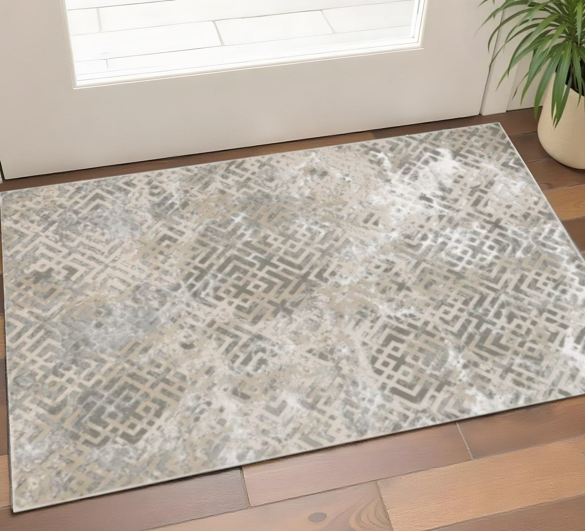Sand and Light Blue Geometric Distressed Area Rug