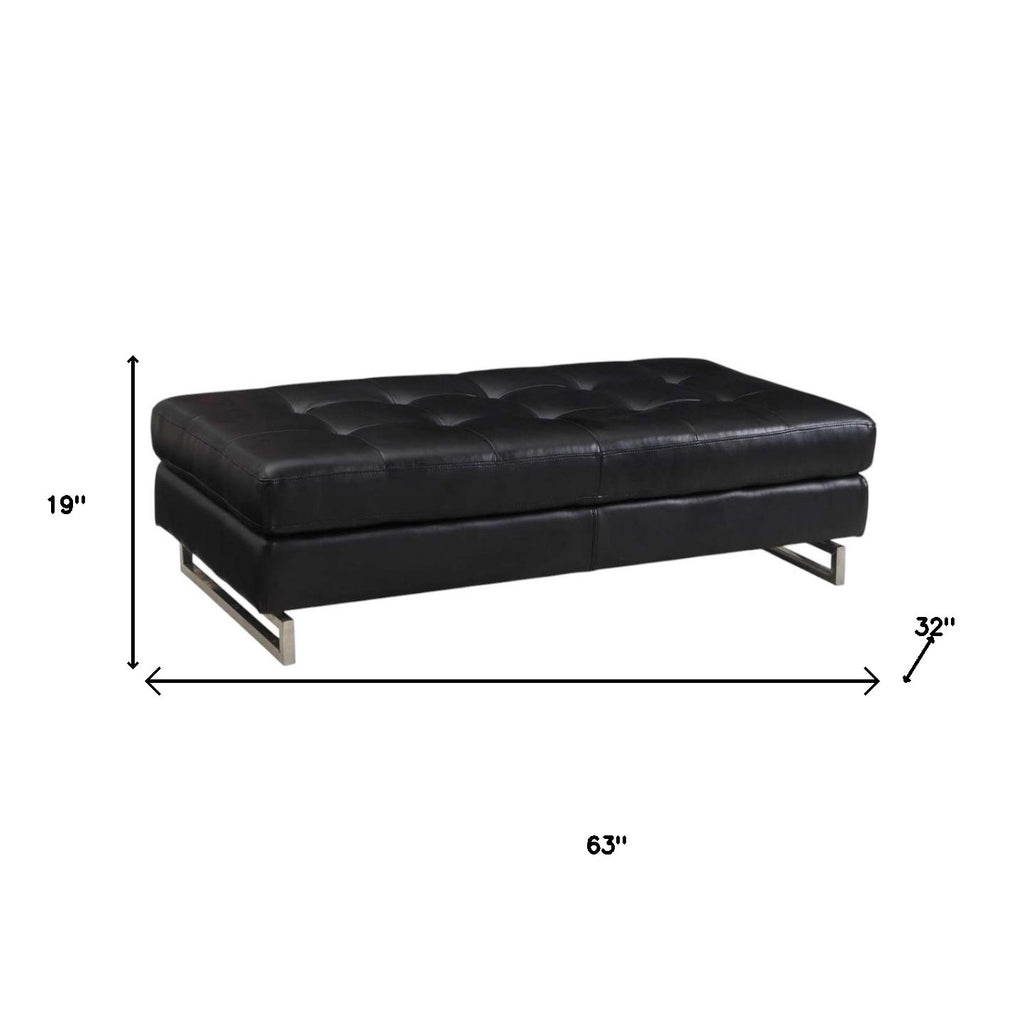 63" Black Tufted Faux Leather and Silver Ottoman SpadezStore