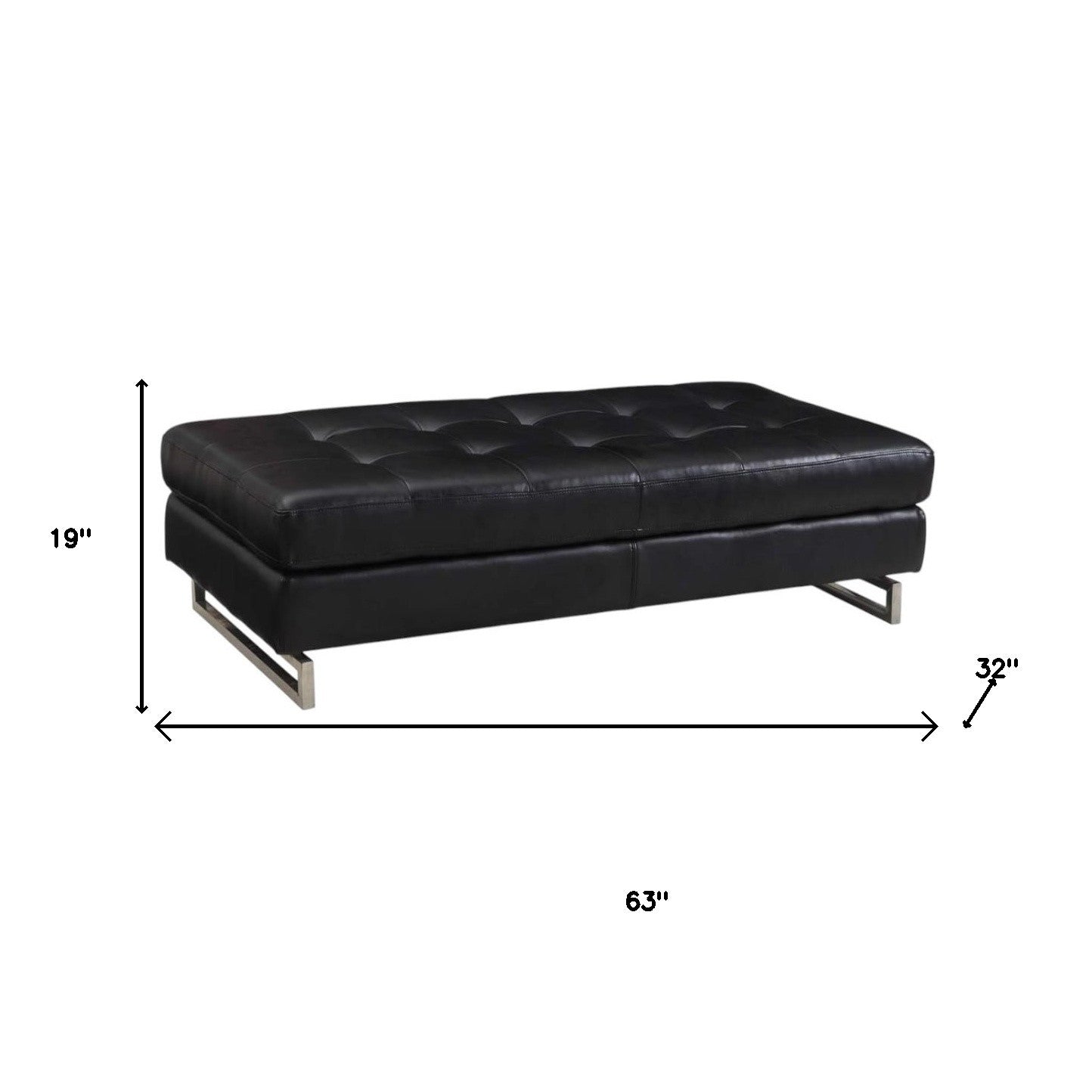 63" Black Tufted Faux Leather and Silver Ottoman SpadezStore