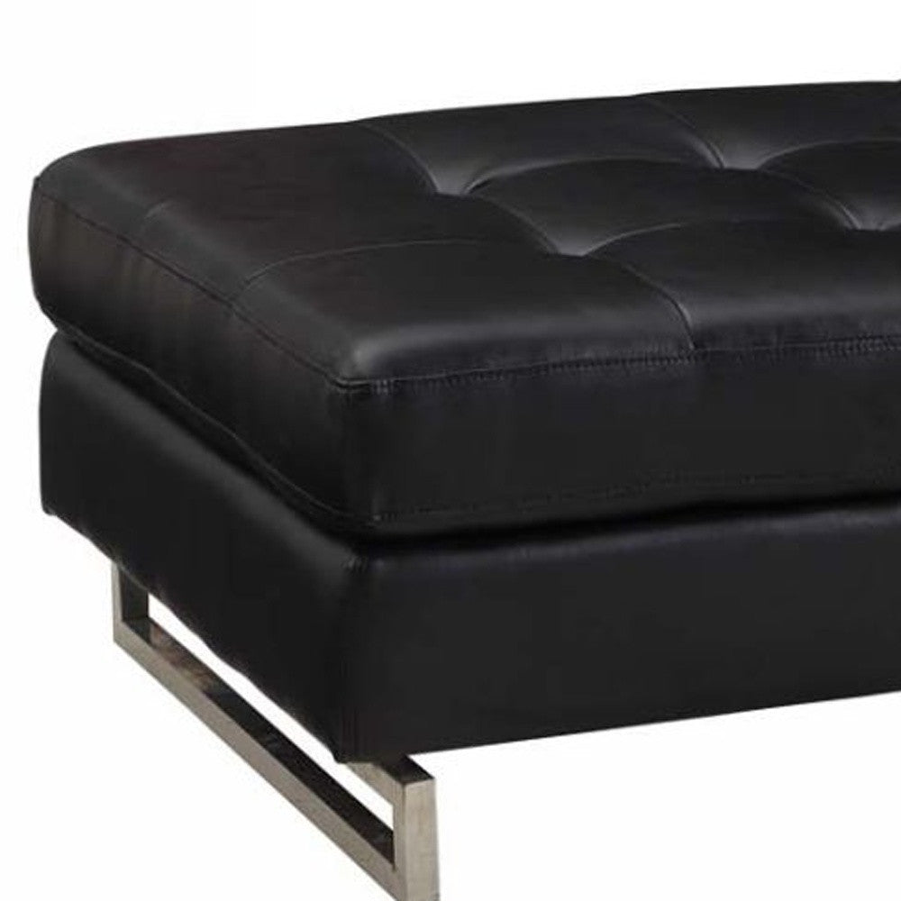 63" Black Tufted Faux Leather and Silver Ottoman SpadezStore