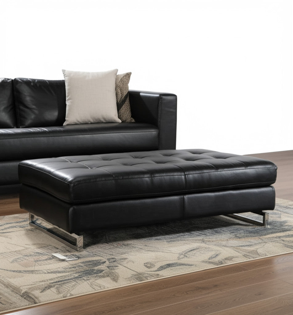 63" Black Tufted Faux Leather and Silver Ottoman SpadezStore