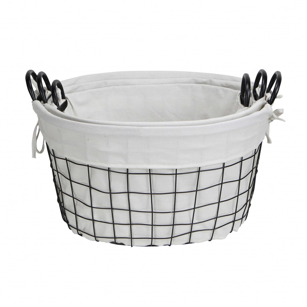 Set Of Three Black Oval Wire Baskets with White Fabric Liners and Handles SpadezStore