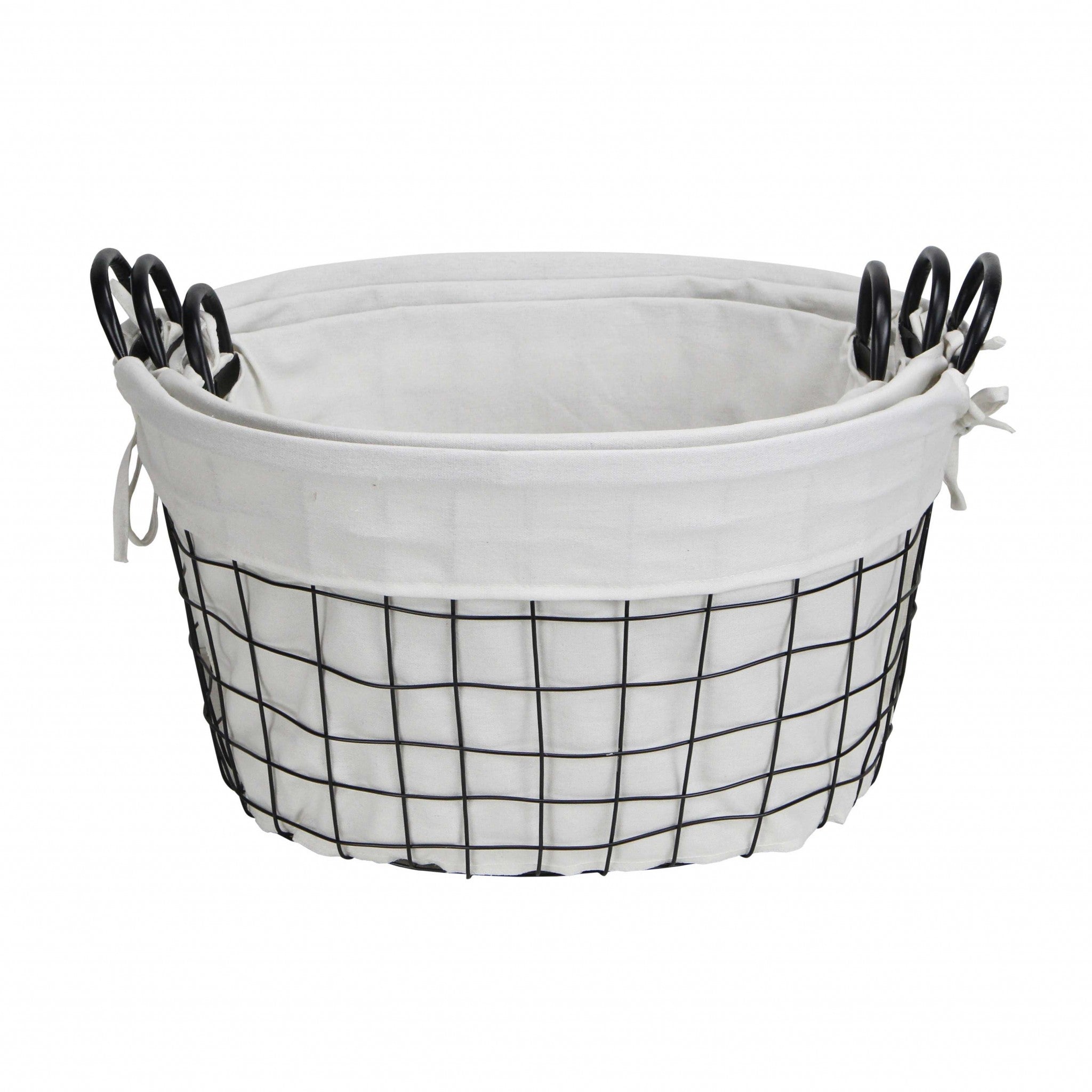 Set Of Three Black Oval Wire Baskets with White Fabric Liners and Handles SpadezStore