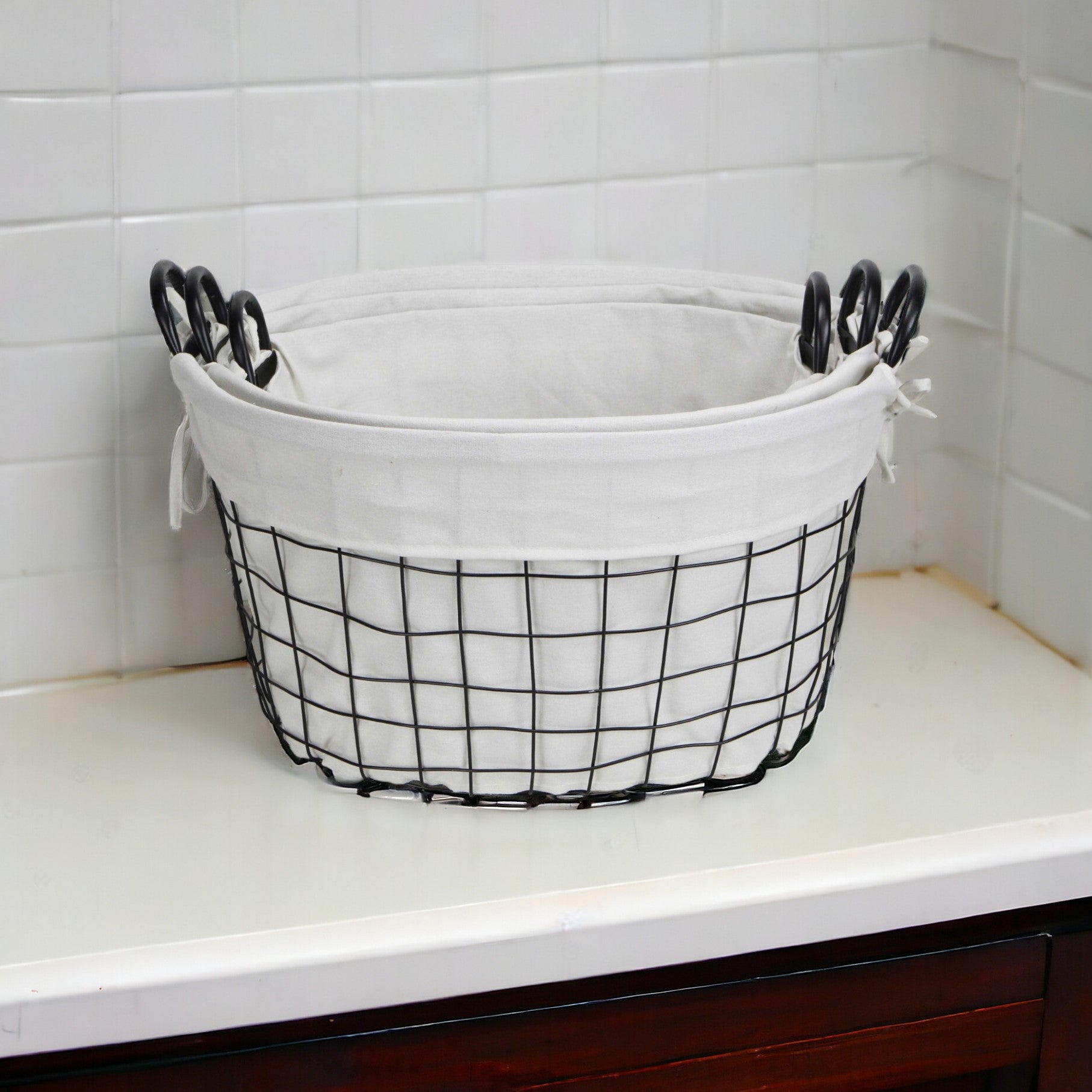 Set Of Three Black Oval Wire Baskets with White Fabric Liners and Handles SpadezStore