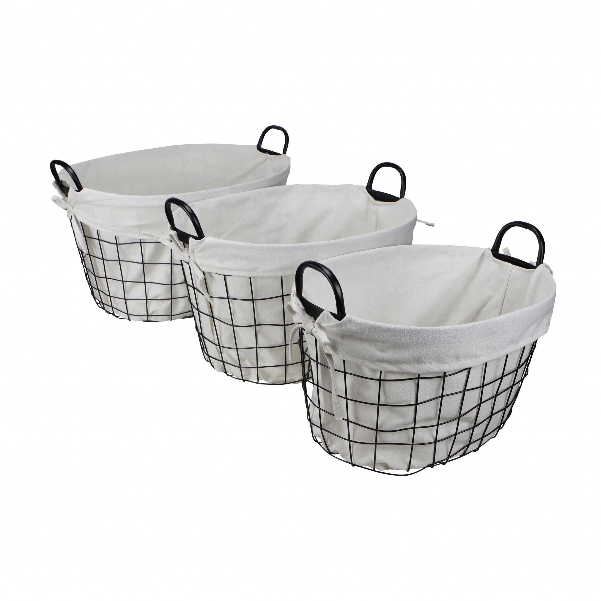 Set Of Three Black Oval Wire Baskets with White Fabric Liners and Handles SpadezStore