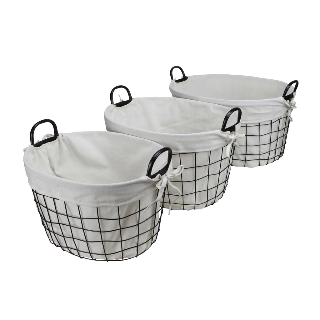 Set Of Three Black Oval Wire Baskets with White Fabric Liners and Handles SpadezStore