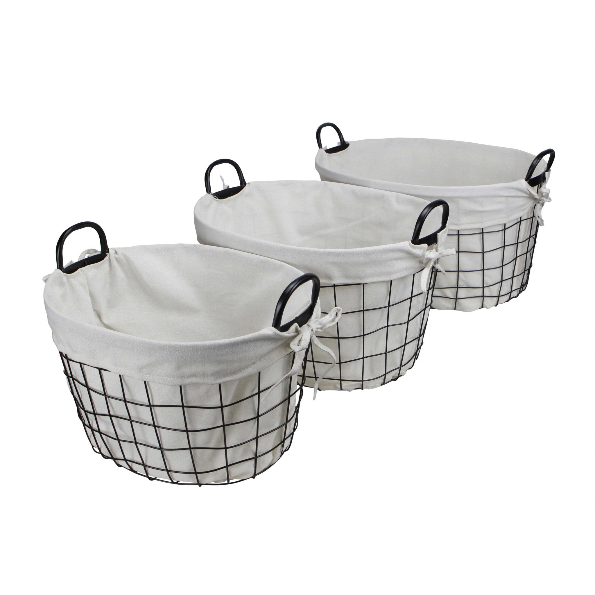 Set Of Three Black Oval Wire Baskets with White Fabric Liners and Handles SpadezStore