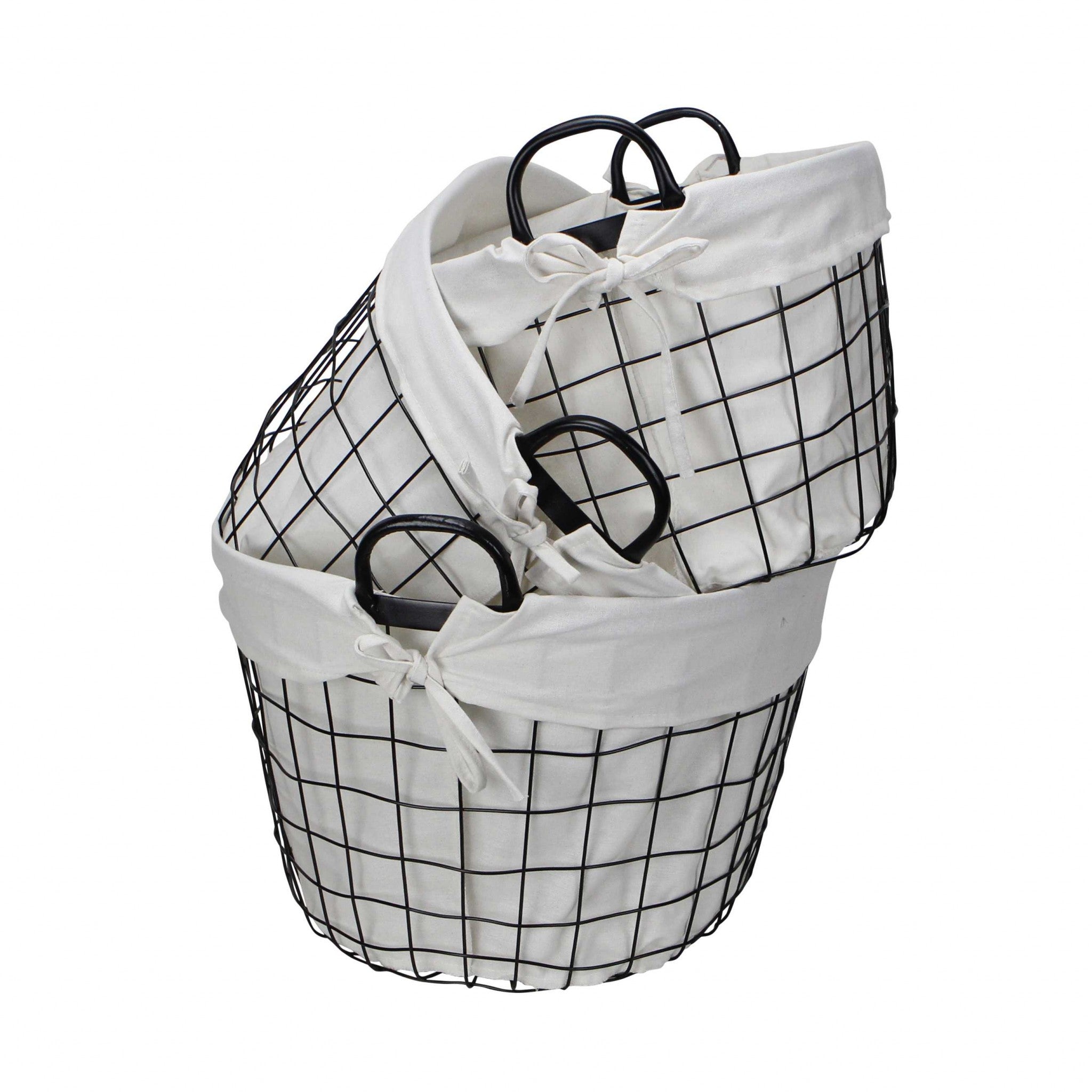 Set Of Three Black Oval Wire Baskets with White Fabric Liners and Handles SpadezStore