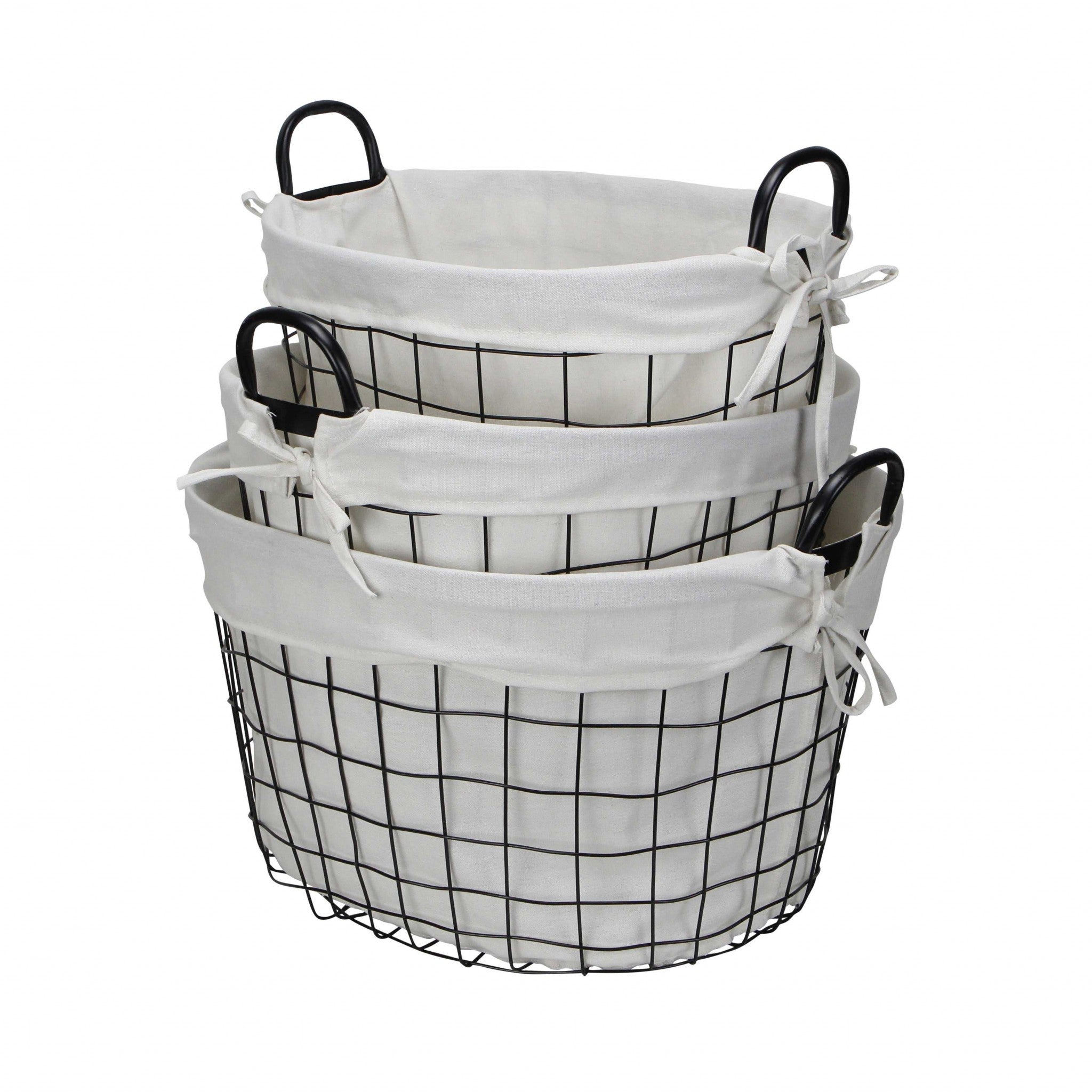 Set Of Three Black Oval Wire Baskets with White Fabric Liners and Handles SpadezStore
