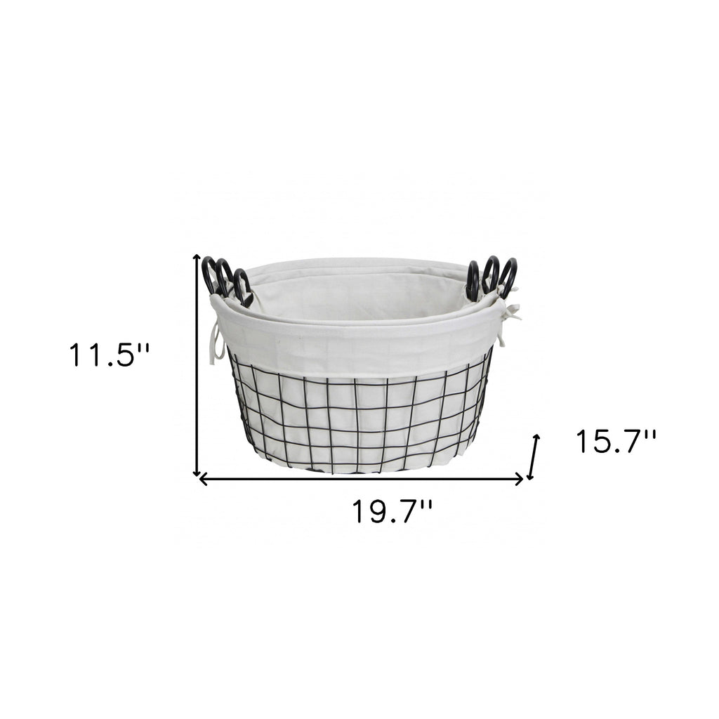 Set Of Three Black Oval Wire Baskets with White Fabric Liners and Handles SpadezStore