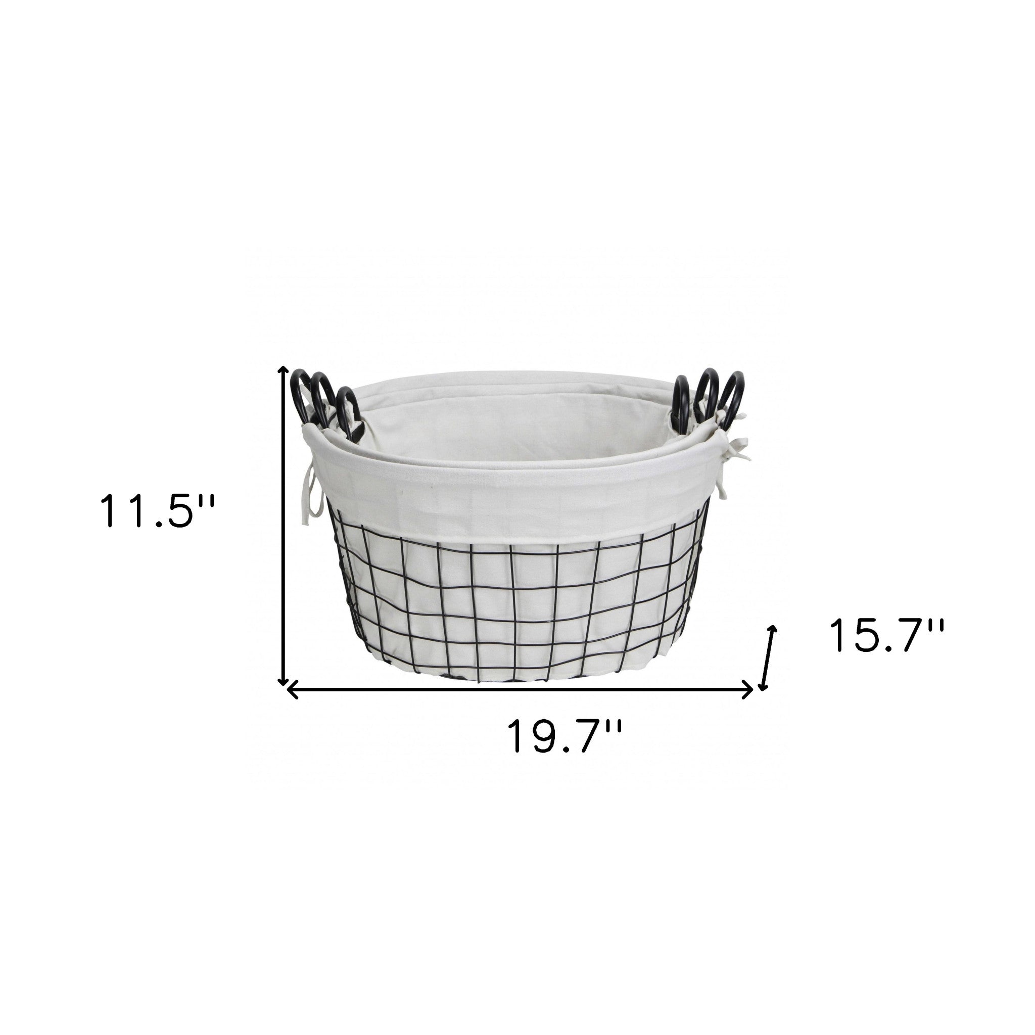 Set Of Three Black Oval Wire Baskets with White Fabric Liners and Handles SpadezStore