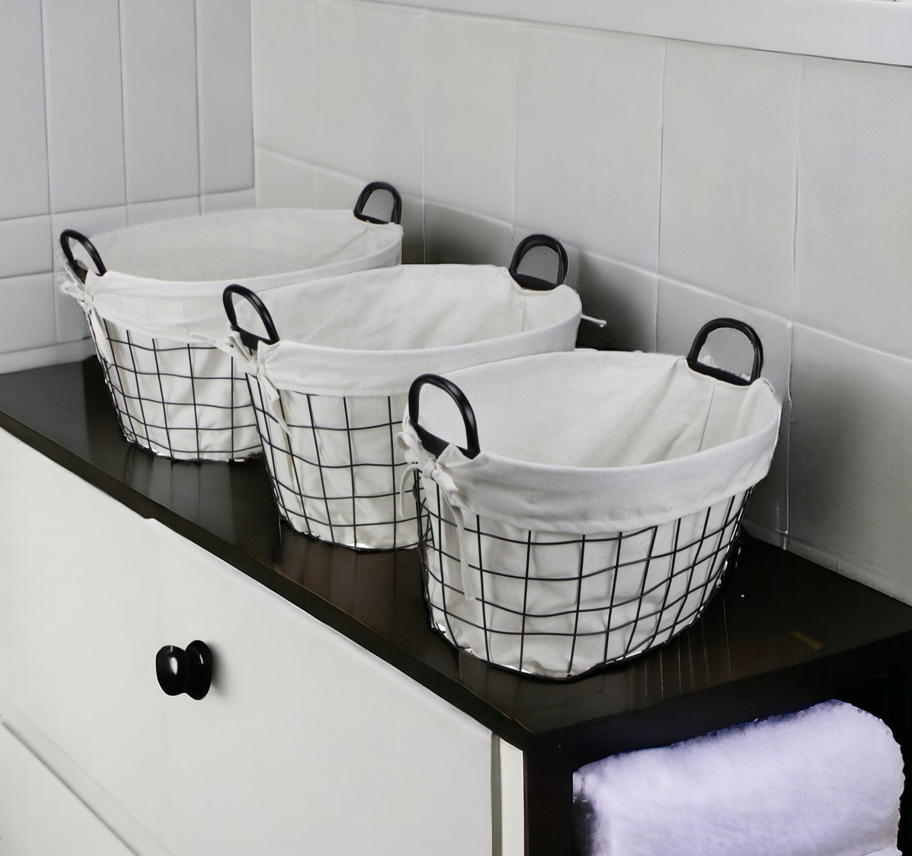 Set Of Three Black Oval Wire Baskets with White Fabric Liners and Handles SpadezStore