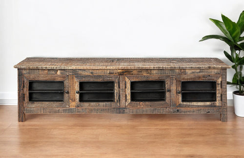 76" Brown Distressed Reclaimed Wood Enclosed Storage TV Stand SpadezStore