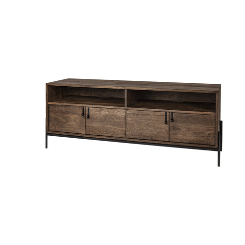 62" Brown and Black Solid Wood Cabinet Enclosed Storage TV Stand SpadezStore