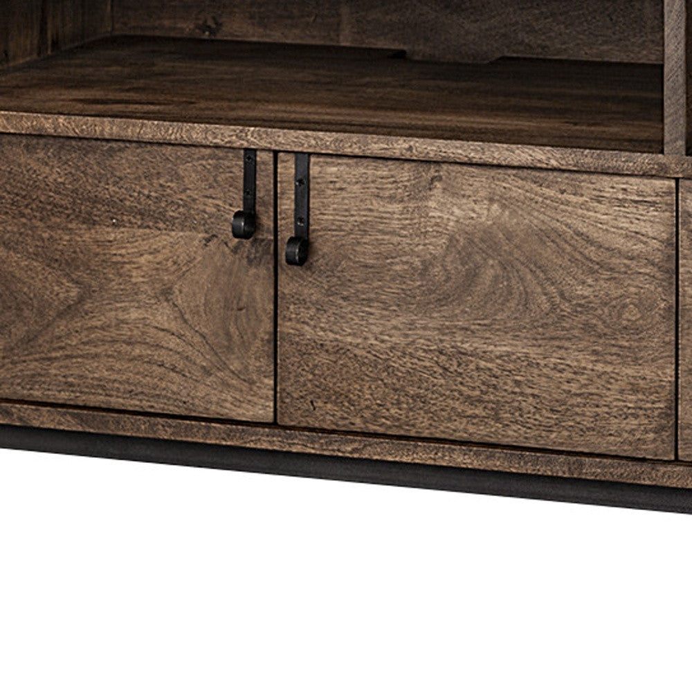 62" Brown and Black Solid Wood Cabinet Enclosed Storage TV Stand SpadezStore