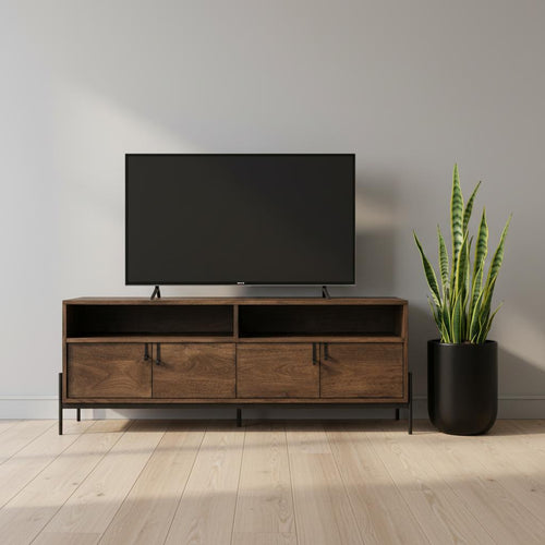 62" Brown and Black Solid Wood Cabinet Enclosed Storage TV Stand SpadezStore