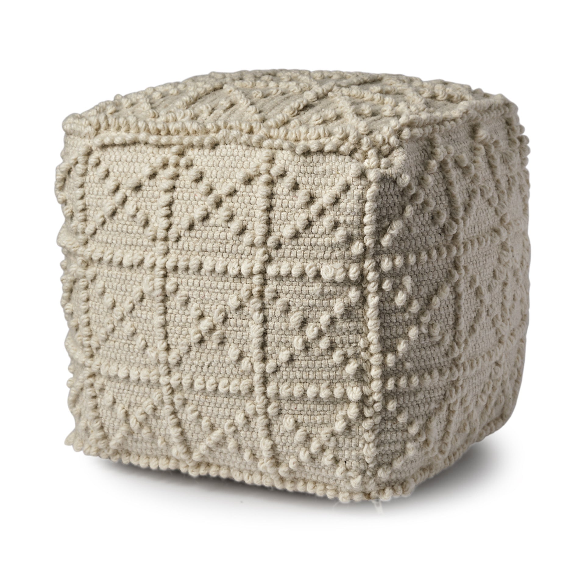 18" Ivory Wool Knubby Geometric Cube Pouf Ottoman SpadezStore