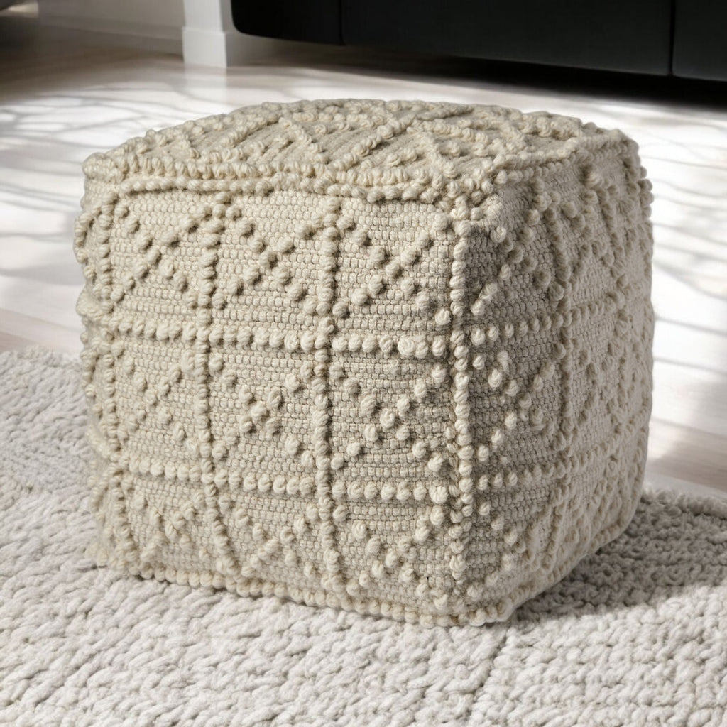 18" Ivory Wool Knubby Geometric Cube Pouf Ottoman SpadezStore