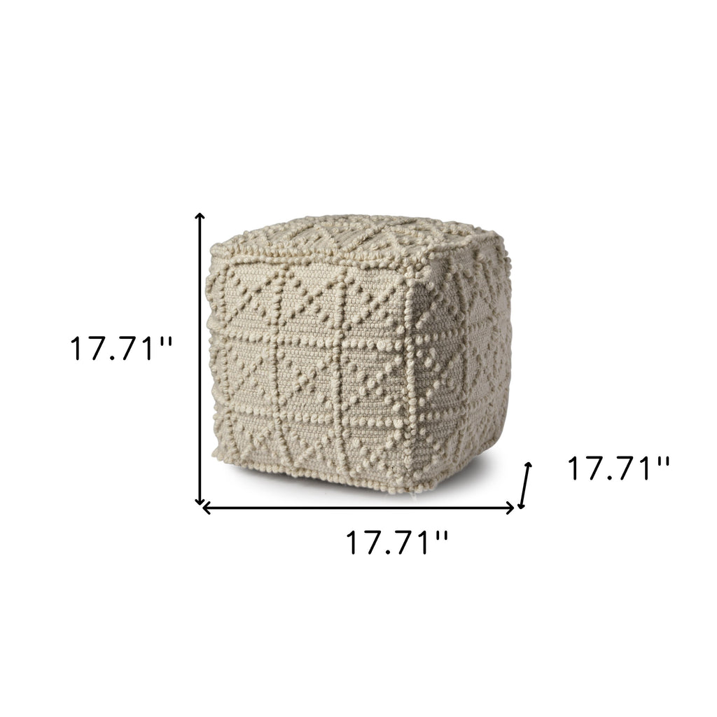 18" Ivory Wool Knubby Geometric Cube Pouf Ottoman SpadezStore