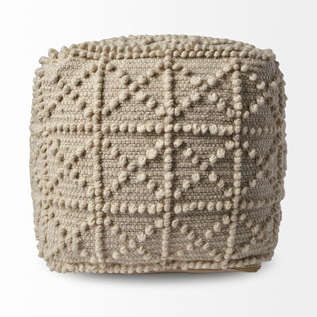 18" Ivory Wool Knubby Geometric Cube Pouf Ottoman SpadezStore