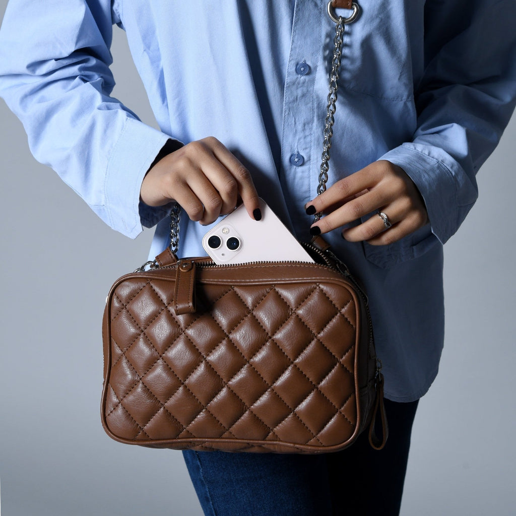 Classy Leather Bags Mini Quilted Crossbody Bag, Rich Brown SpadezStore