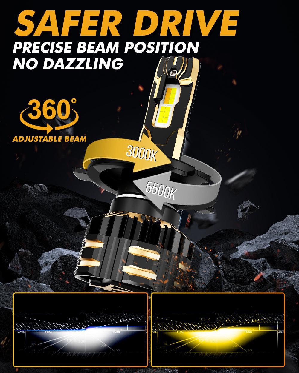 Auxbeam H4 LED Headlight Bulbs 110W 25000LM GX Bi-Color Series High Power & Brightness Dual Color Switchback | 2 Bulbs