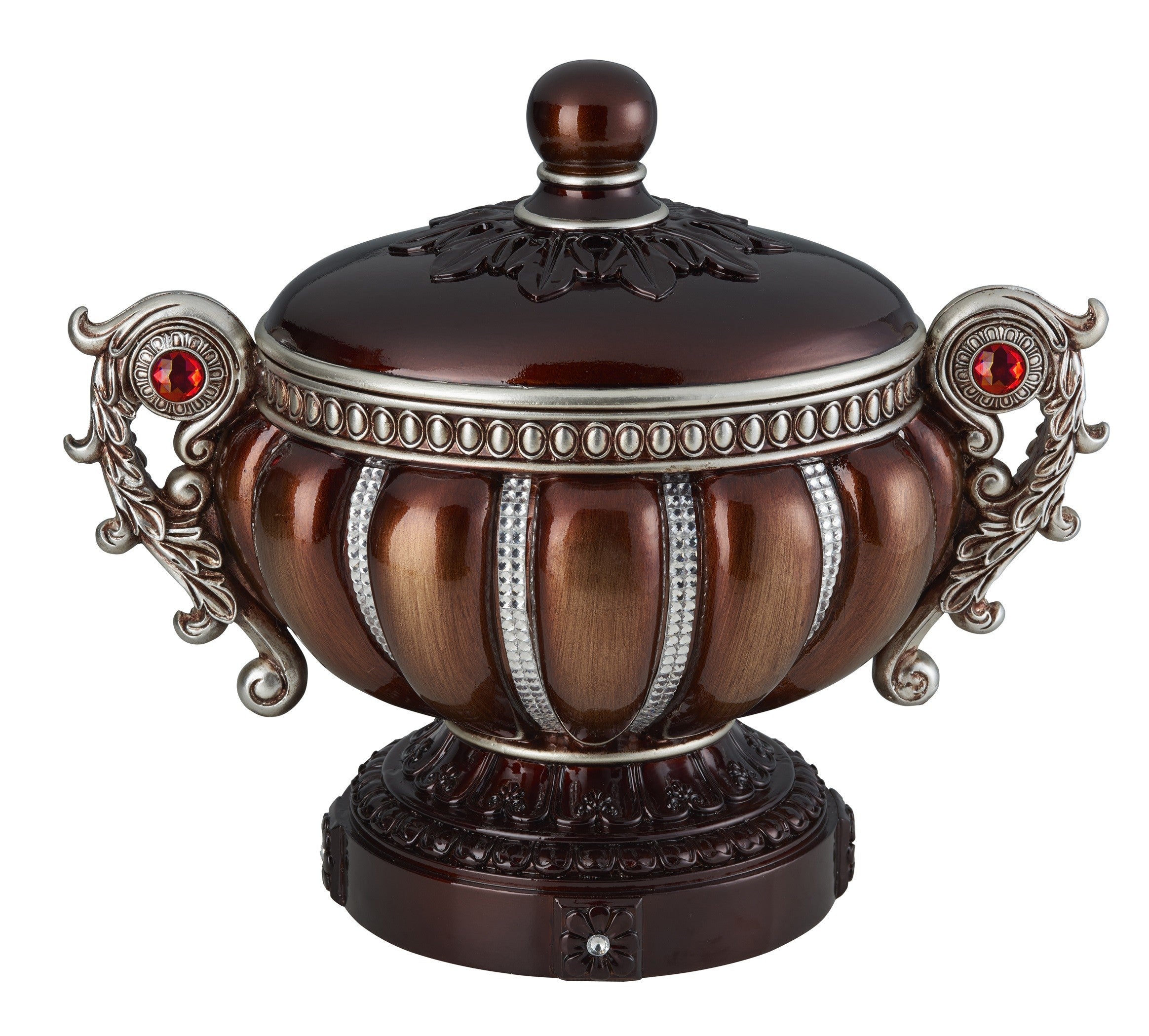 13" Bronze Red And Silver Resin Floral Scroll Jewelry Box With Metal Accents