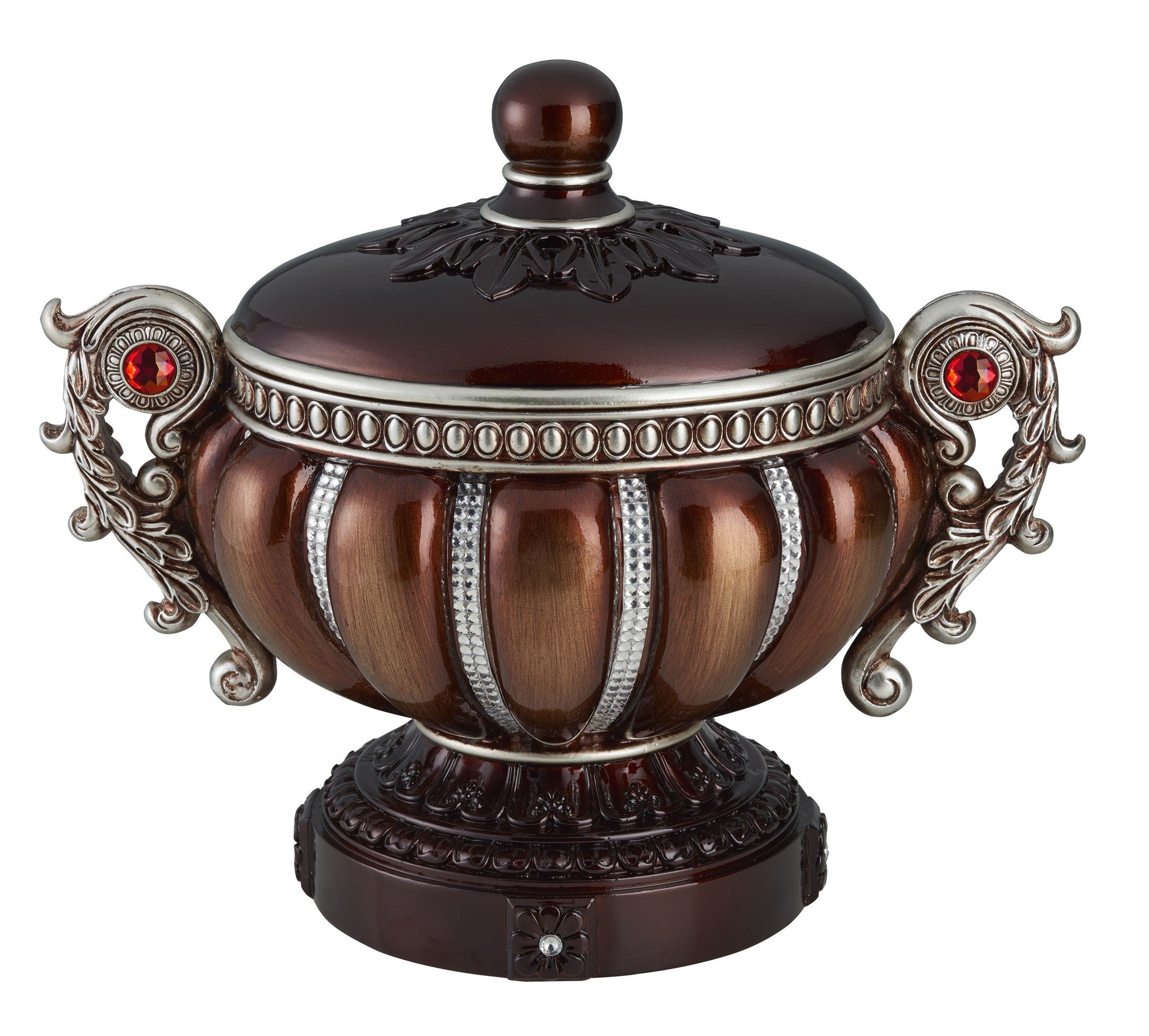 13" Bronze Red And Silver Resin Floral Scroll Jewelry Box With Metal Accents