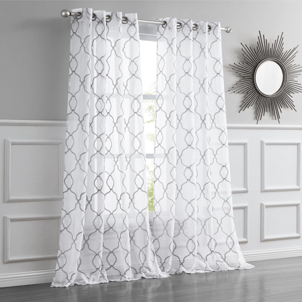 84” Silver Trellis Pattern Embroidered Window Curtain Panel SpadezStore