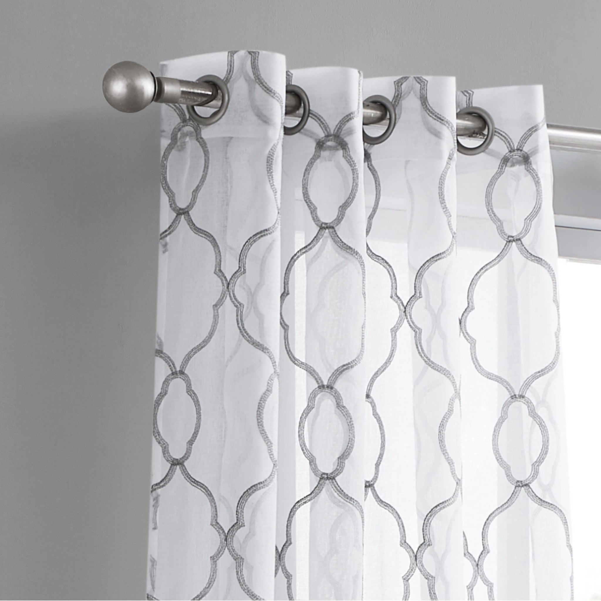 84” Silver Trellis Pattern Embroidered Window Curtain Panel SpadezStore