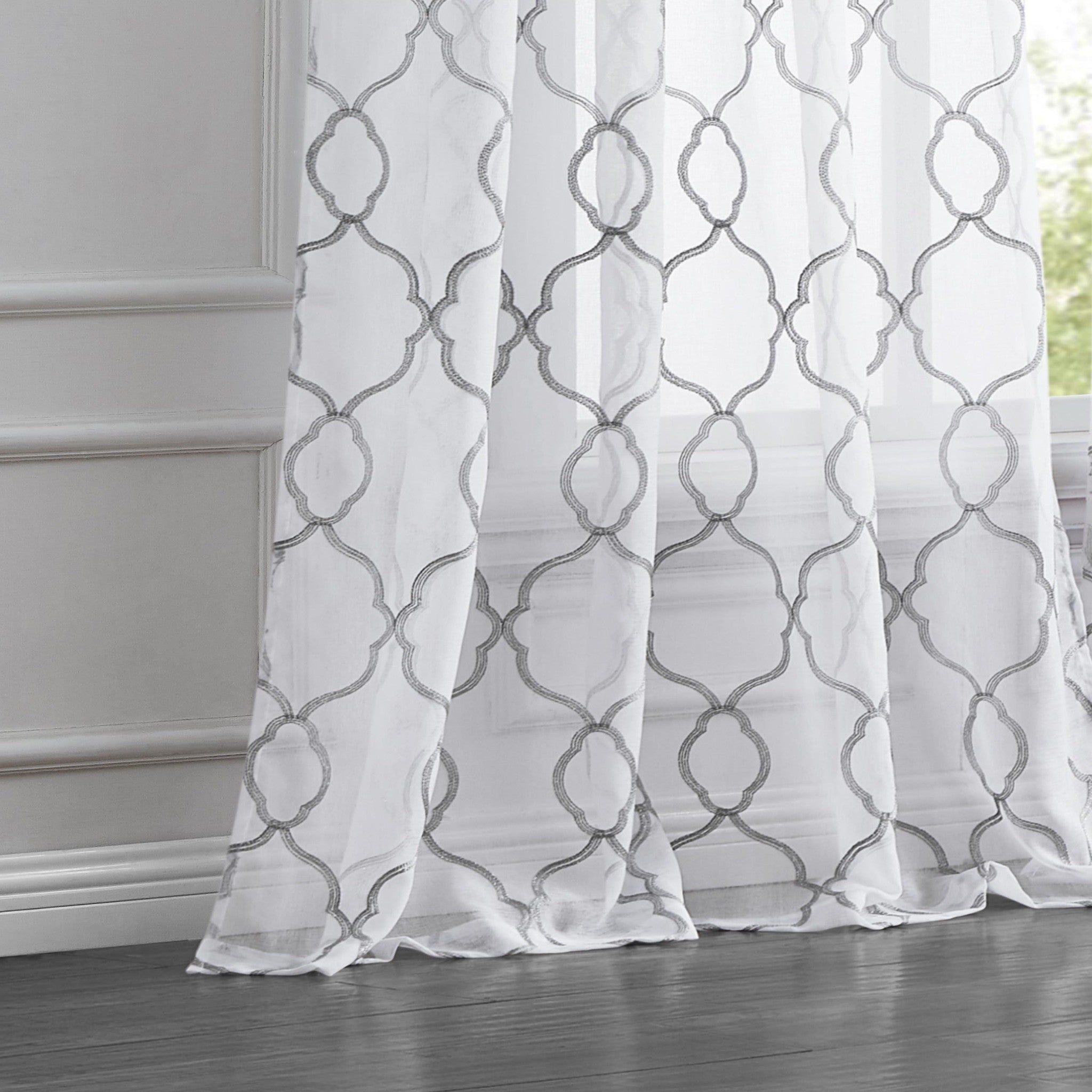 84” Silver Trellis Pattern Embroidered Window Curtain Panel SpadezStore