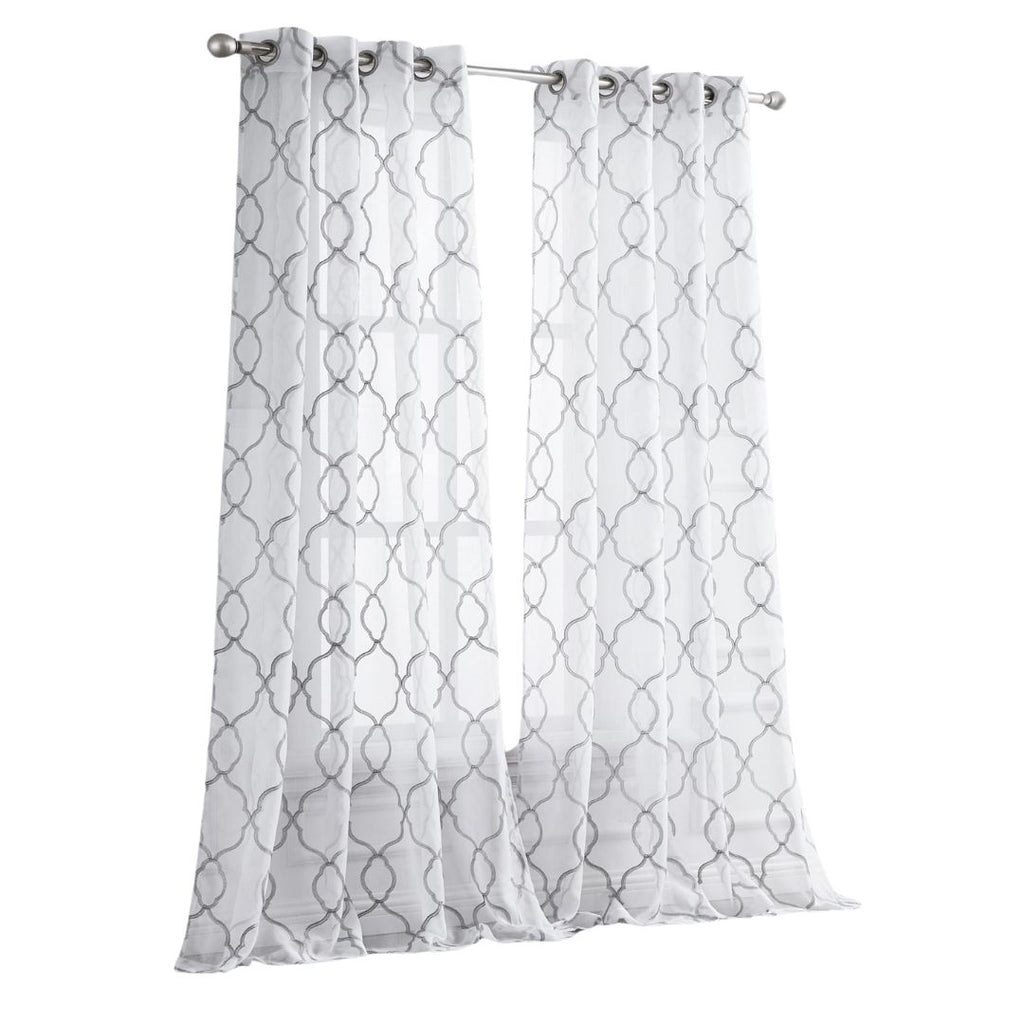 84” Silver Trellis Pattern Embroidered Window Curtain Panel SpadezStore
