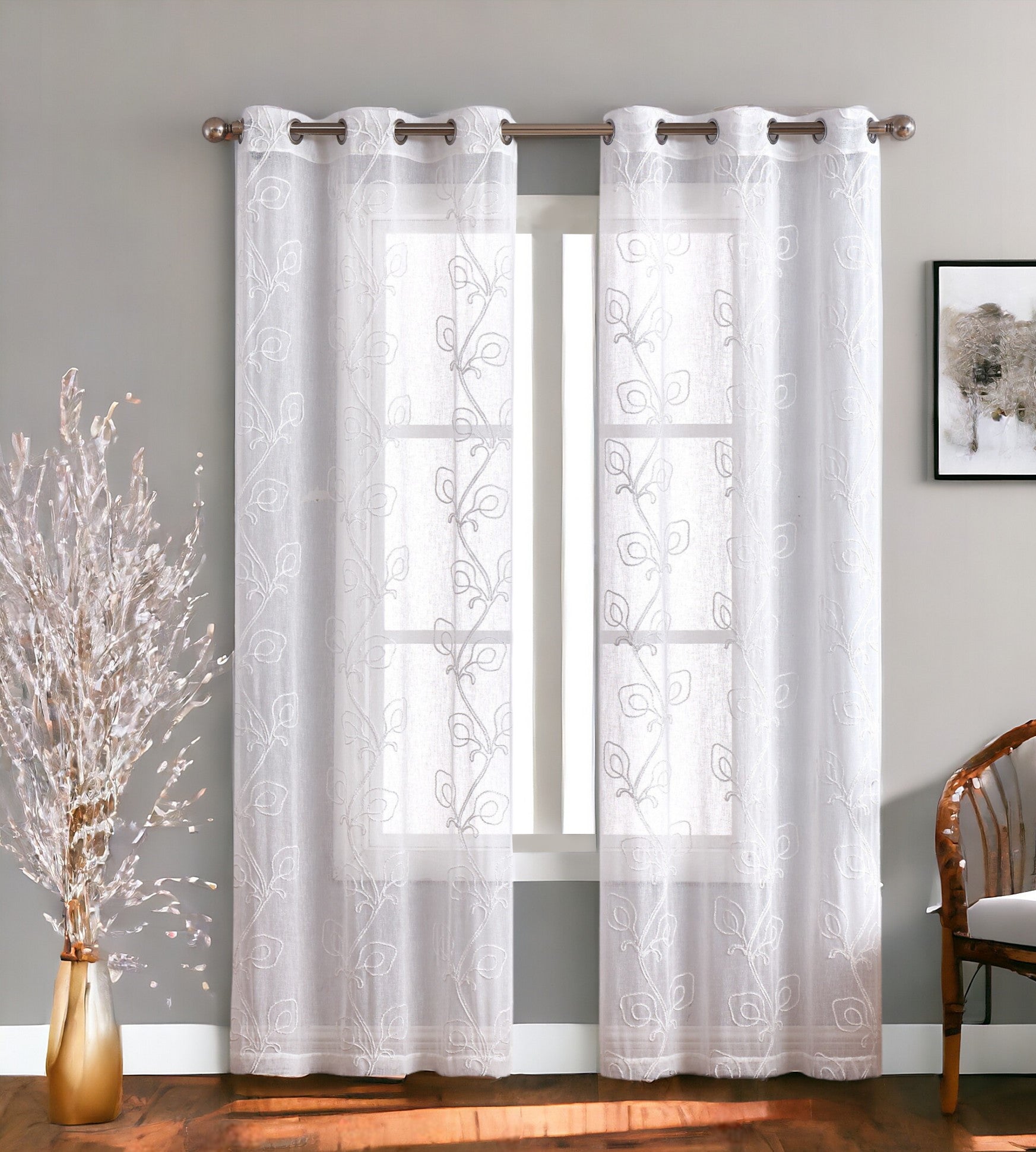 Set of Two 84" White Boho Embroidered Window Panels