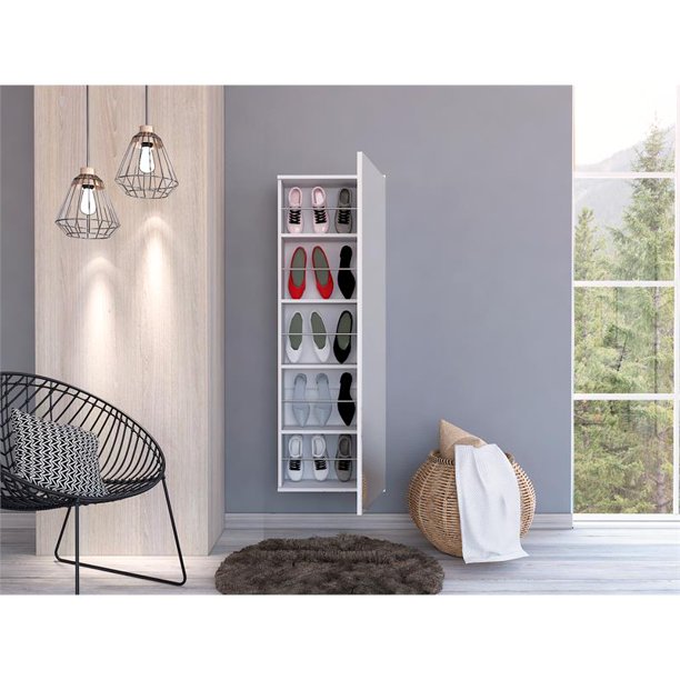 White Ten Pair Wall Mounted WoodShoe Rack