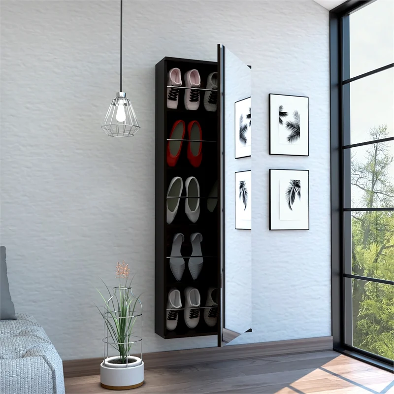 Dark Brown Ten Pair Wall Mounted WoodShoe Rack