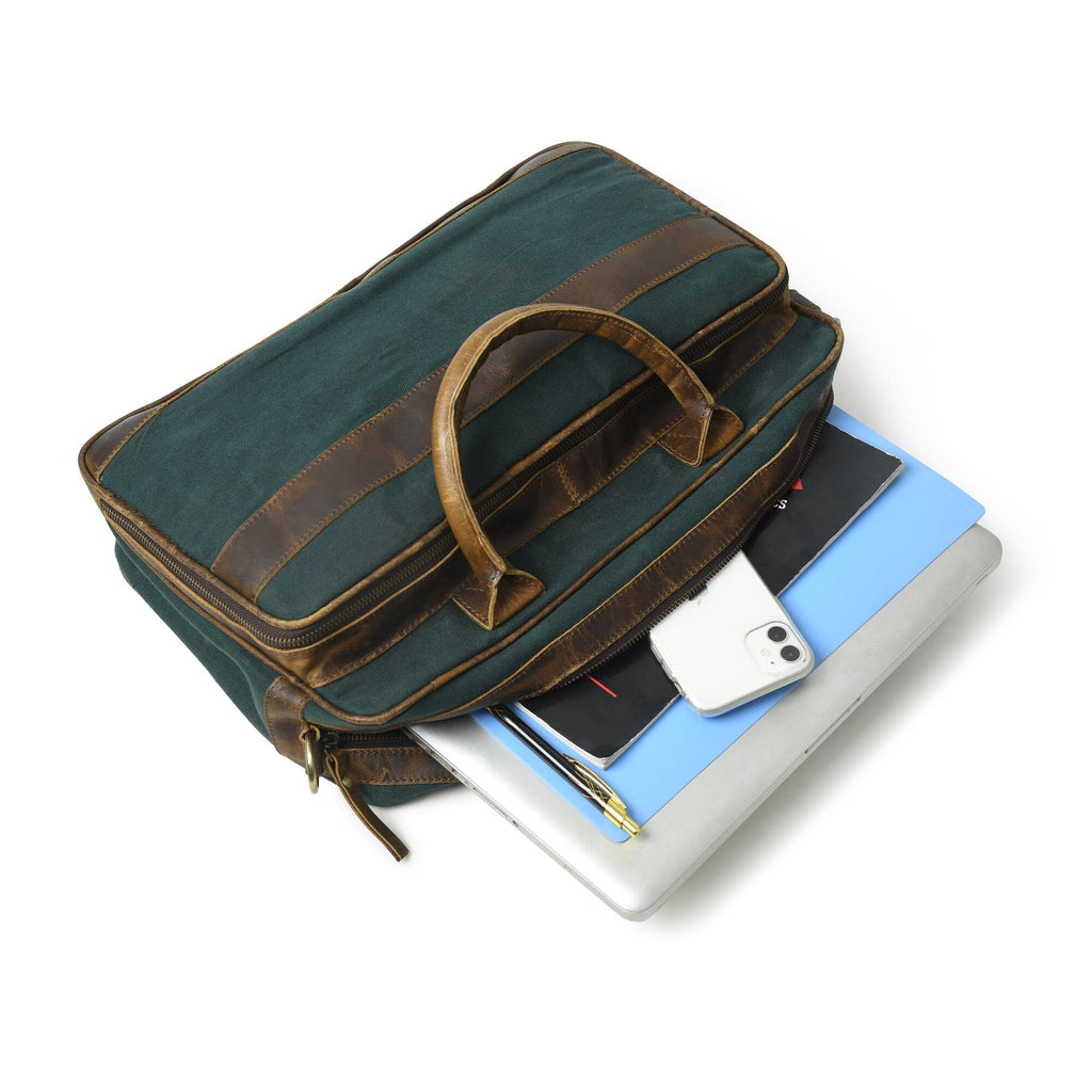 Classy Leather Bags Canvas Green Briefcase SpadezStore