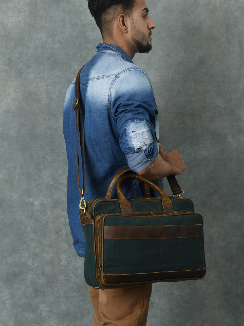 Classy Leather Bags Canvas Green Briefcase SpadezStore