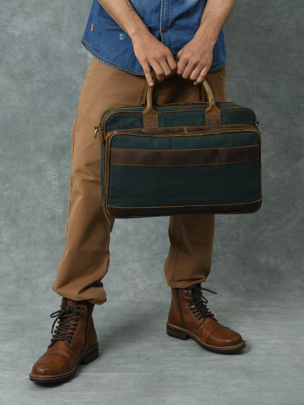 Classy Leather Bags Canvas Green Briefcase SpadezStore