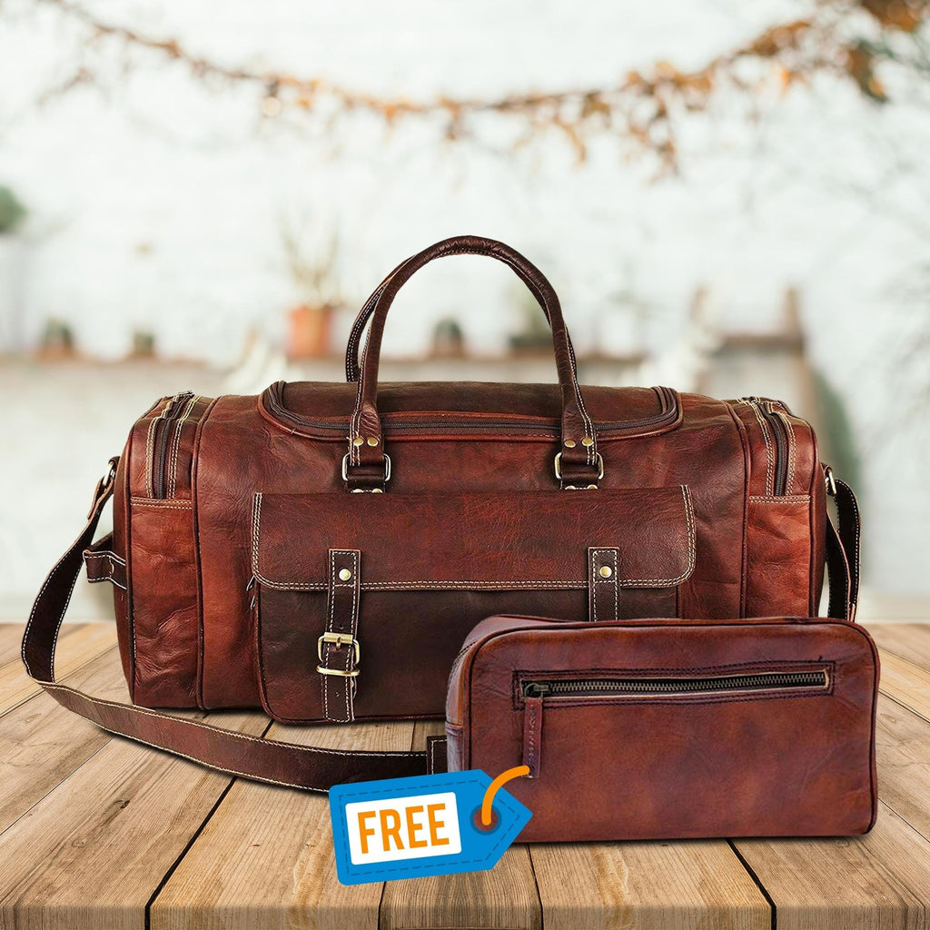 Classy Leather Bags Traveler Weekender Duffle Bag + FREE Toiletry Bag SpadezStore