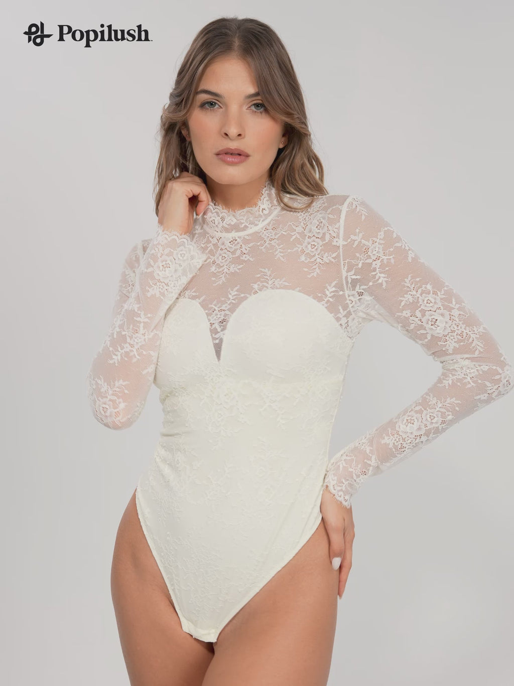 Popilush Shapewear Mock Neck Long Sleeve Floral Lace Bodysuit SpadezStore
