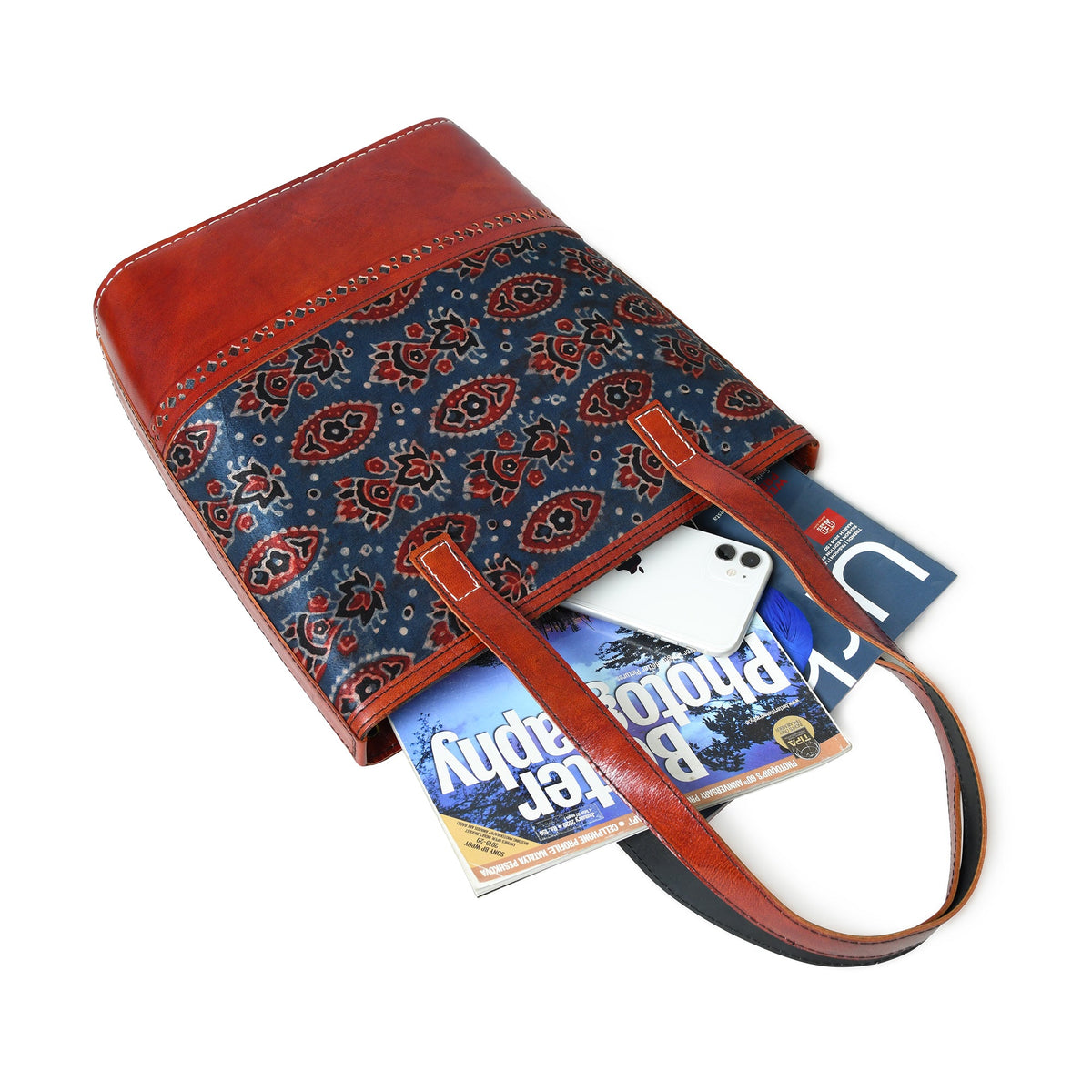 Classy Leather Bags Neela Ajrakh Leather Tote Bag