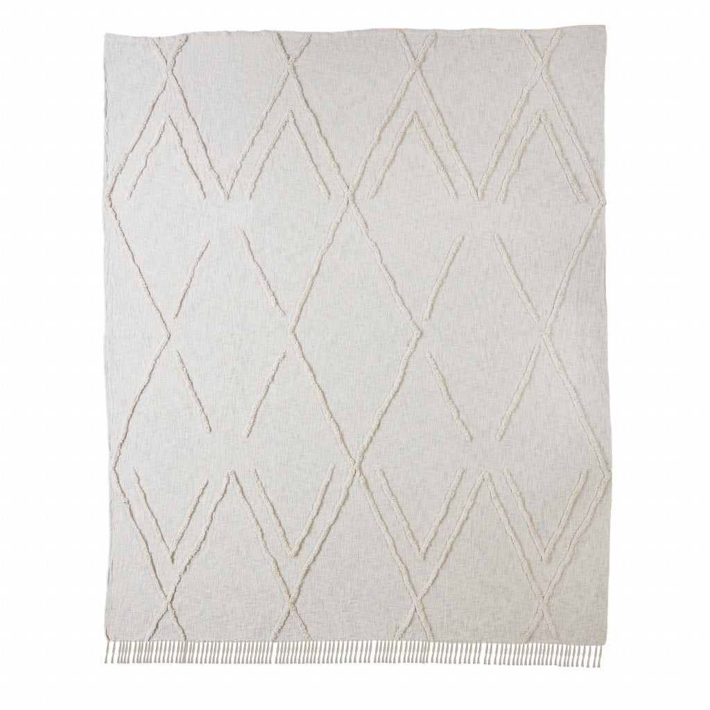 Ivory Geometric Queen Cotton Coverlet With Fringe SpadezStore