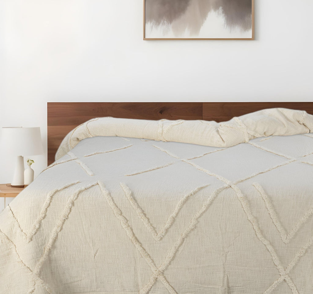Ivory Geometric Queen Cotton Coverlet With Fringe SpadezStore