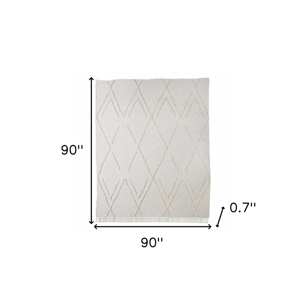 Ivory Geometric Queen Cotton Coverlet With Fringe SpadezStore