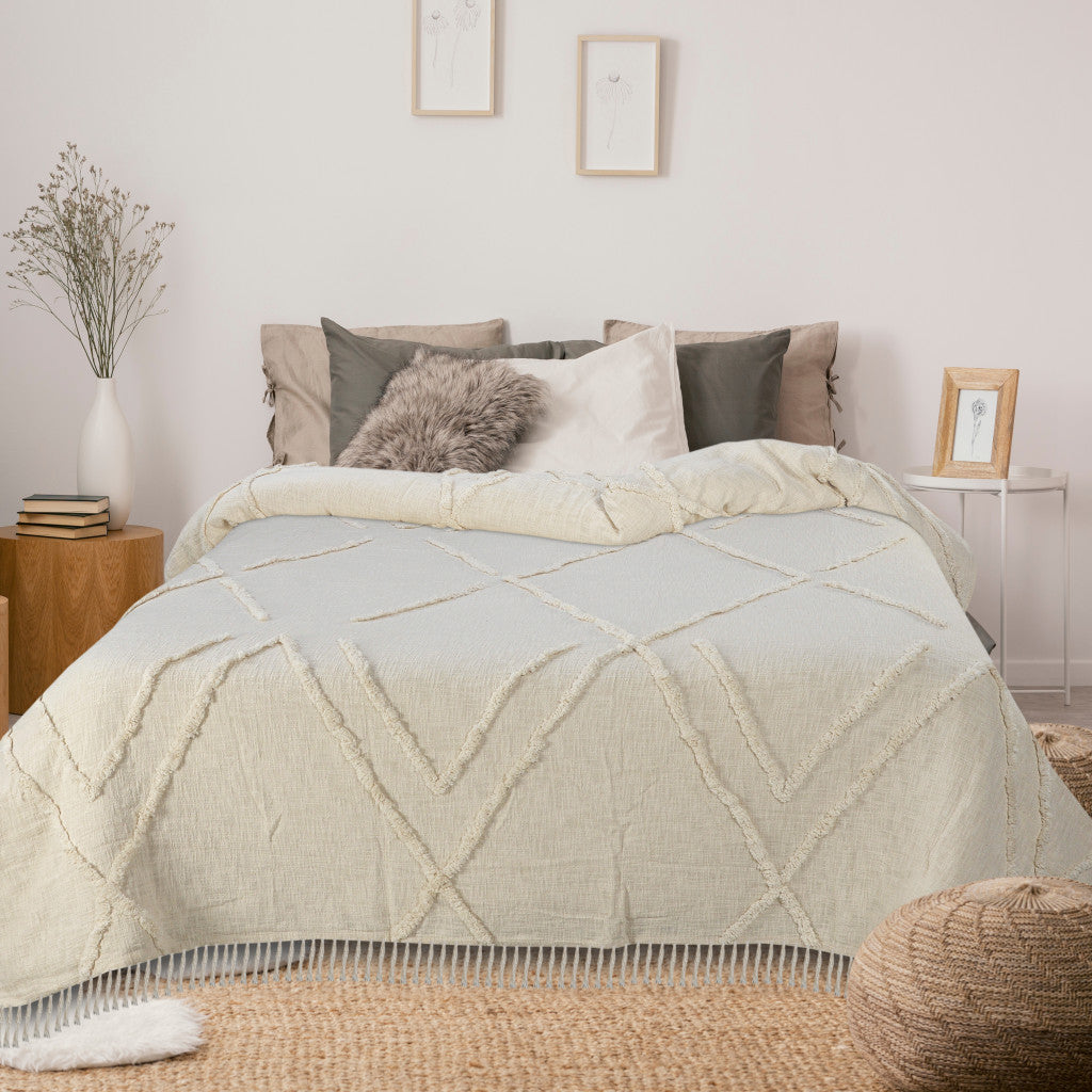 Ivory Geometric Queen Cotton Coverlet With Fringe SpadezStore