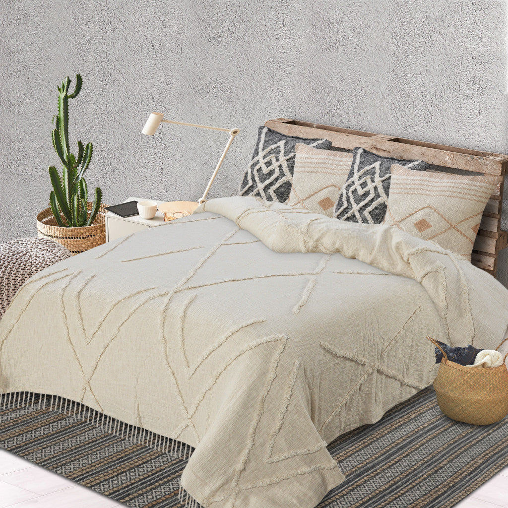 Ivory Geometric Queen Cotton Coverlet With Fringe SpadezStore