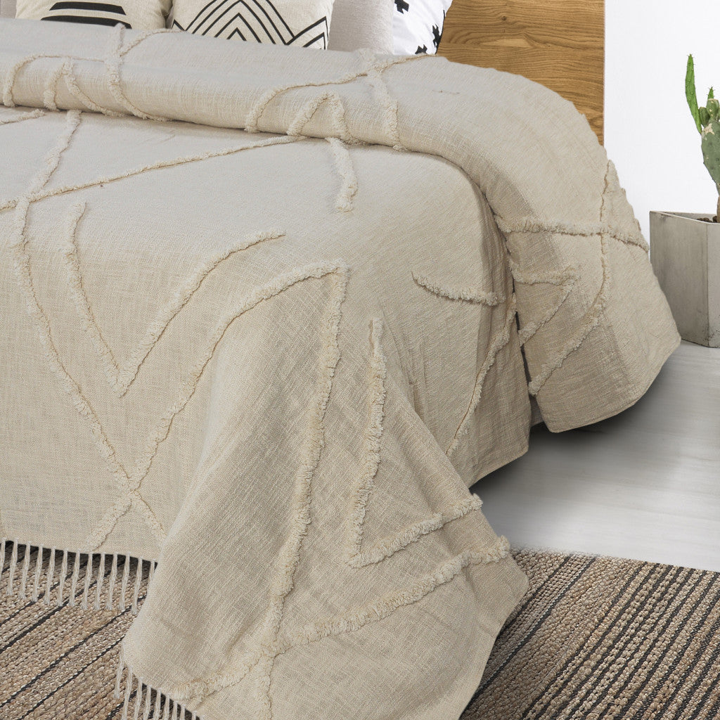 Ivory Geometric Queen Cotton Coverlet With Fringe SpadezStore