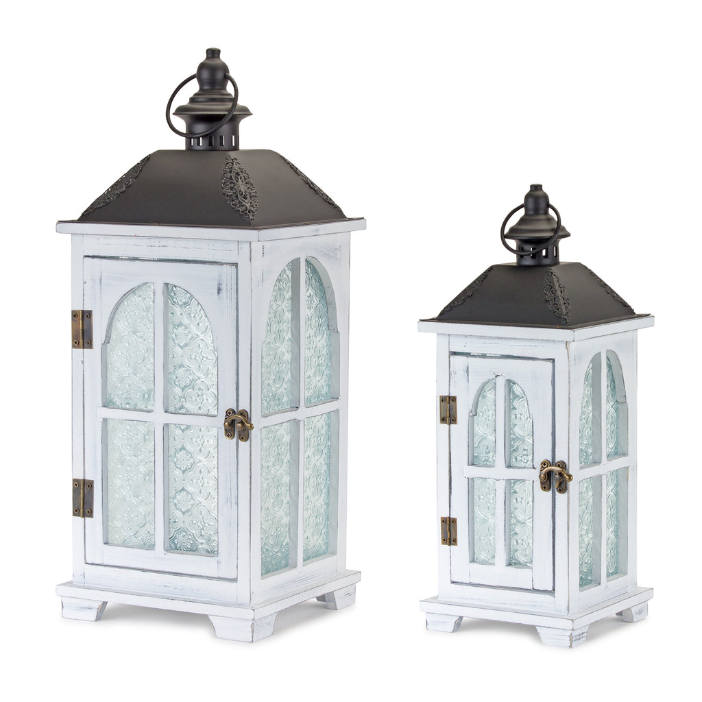 Set of Two White and Black Distressed Ornate Glass Wood and Metal Floor Lantern Candle Holders